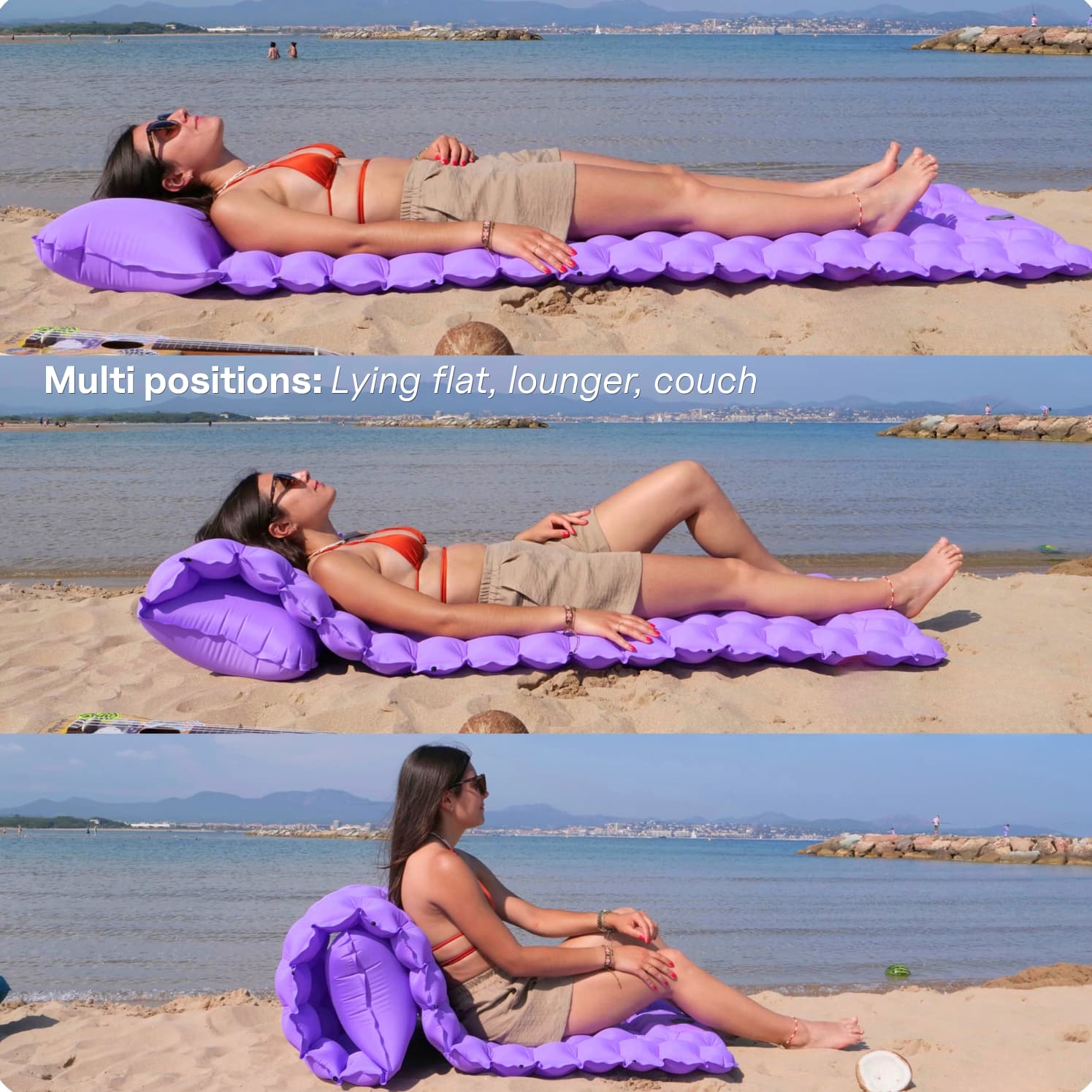The coziya sleeping pad, multi positions, lying flat, lounger or couch. Your comfort at the beach
