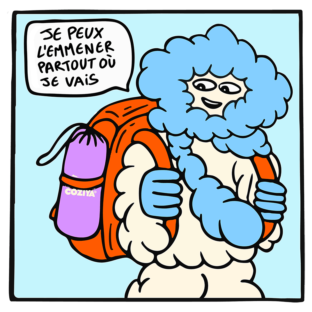 Mascotte cozyboy de la marque coziya qui  utilise le matelas gonflable de camping coziya