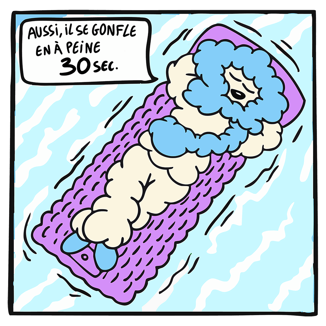 Mascotte cozyboy de la marque coziya qui utilise le matelas gonflable coziya dans l'eau