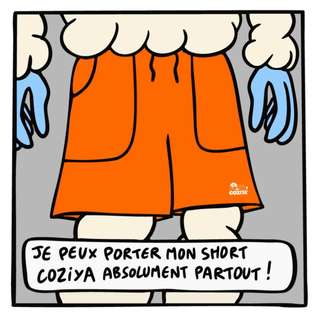 Boardshort coziya porté par la mascotte cozyboy